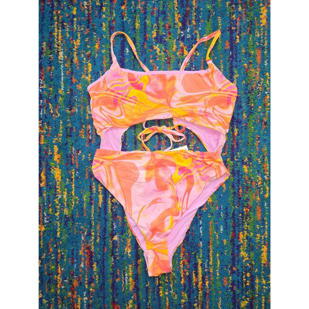 NWT AQUA Swim One Piece Pink Multi Marble Swirl Cutout Womens Size M - Picture 2 of 5